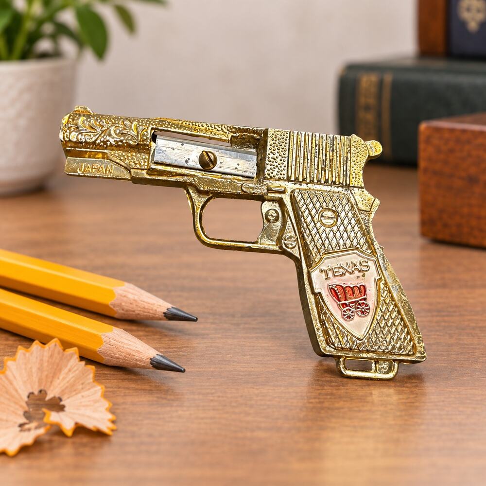 Vintage Japan Texas Pistol Pencil Sharpener Metal Western Souvenir Retro